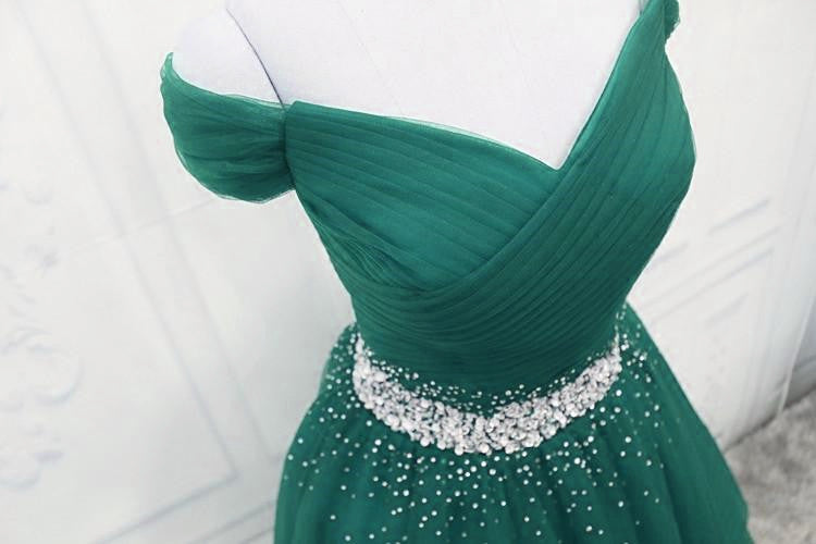 Precioso vestido de fiesta largo de tul verde oscuro con hombros descubiertos 