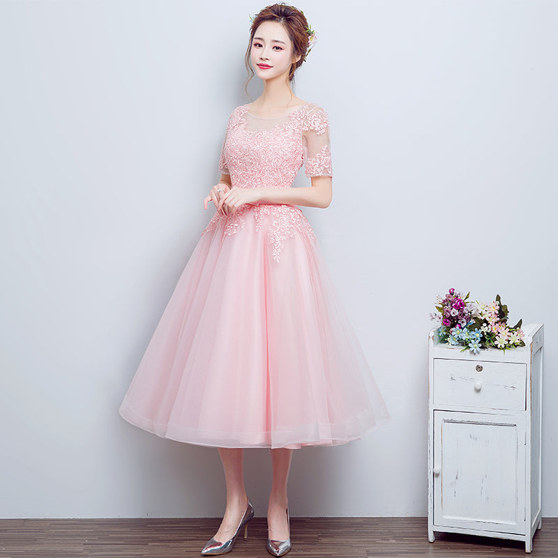 Beautiful Pink Tulle Tea Length Bridesmaid Dresses