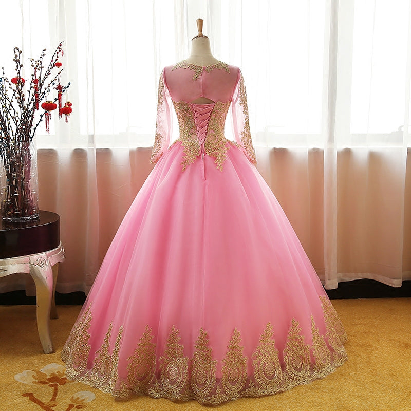 Pink Long Sleeves Tulle Round Neckline Sweet 16 Dresses