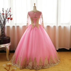Pink Long Sleeves Tulle Round Neckline Sweet 16 Dresses