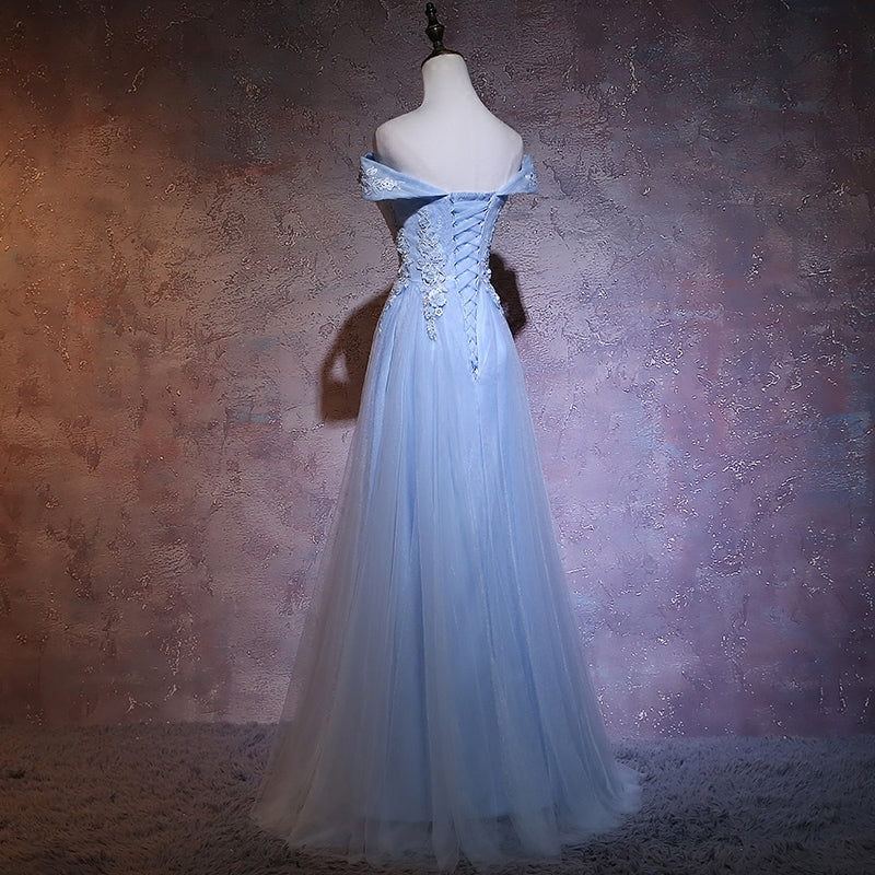 Charming Blue Elegant Tulle Party Dress with Lace Applique