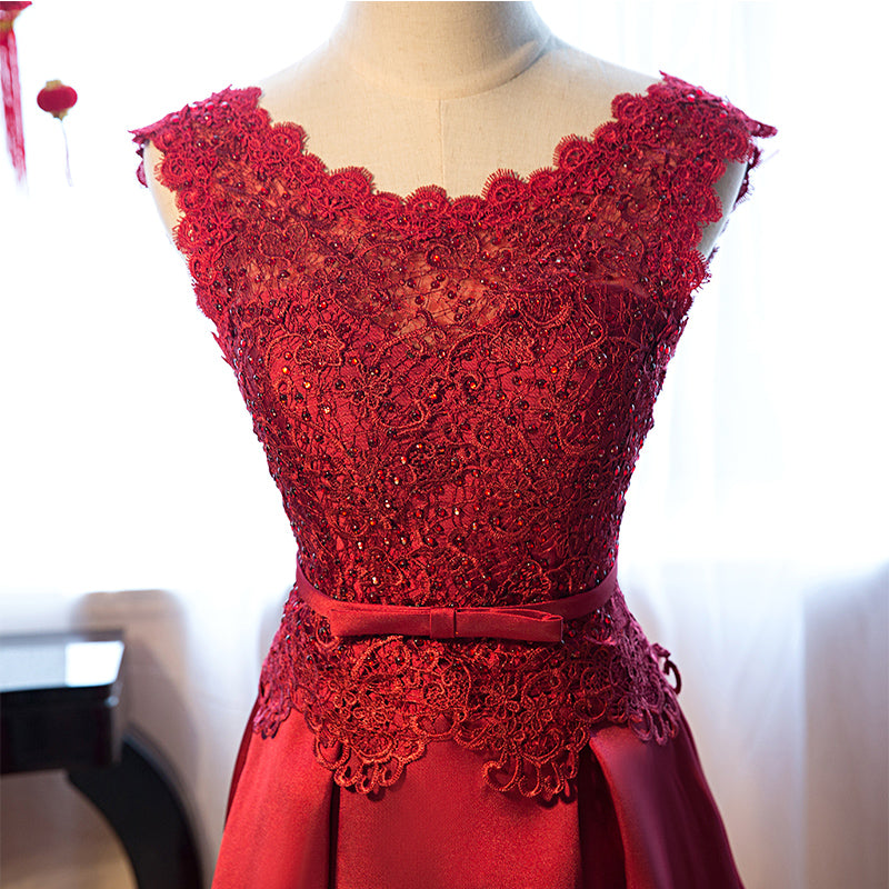 Hermoso vestido largo de encaje rojo oscuro para fiesta de graduación juvenil 