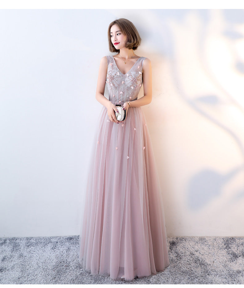 Pink Beaded V-neckline Tulle Long Party Dresses