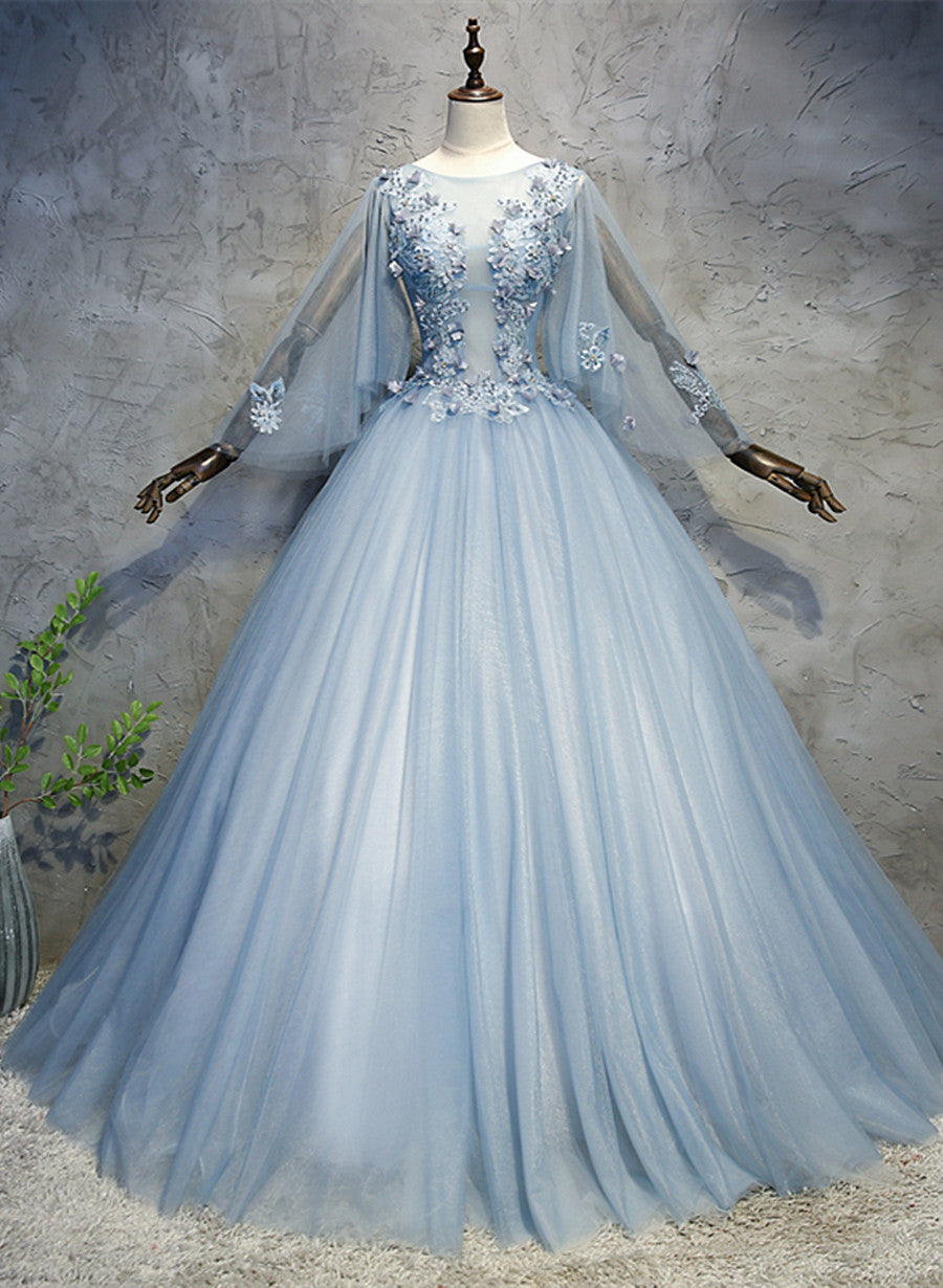 Blue-Grey Ball Gown Tulle Sweet 16 Dress with Lace
