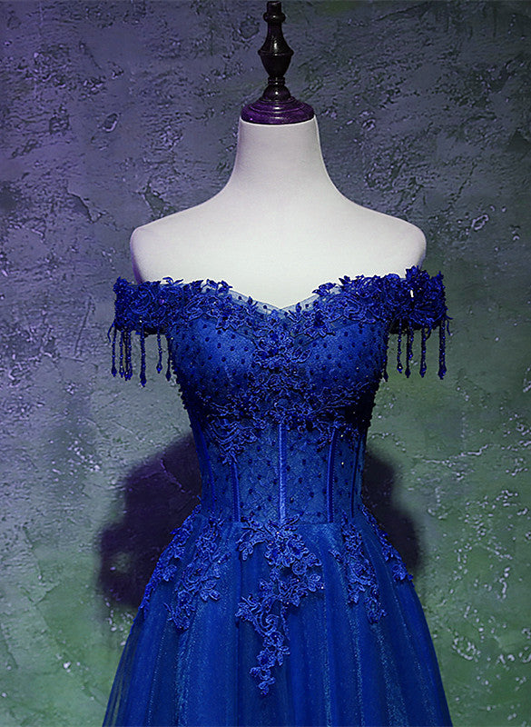 Vestido de fiesta largo azul con encaje y cuentas, hombros descubiertos y corte A 