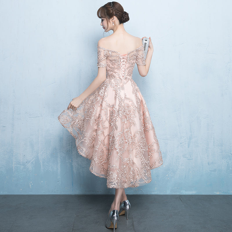 Beautiful Champagne High Low Lace Homecoming Dress