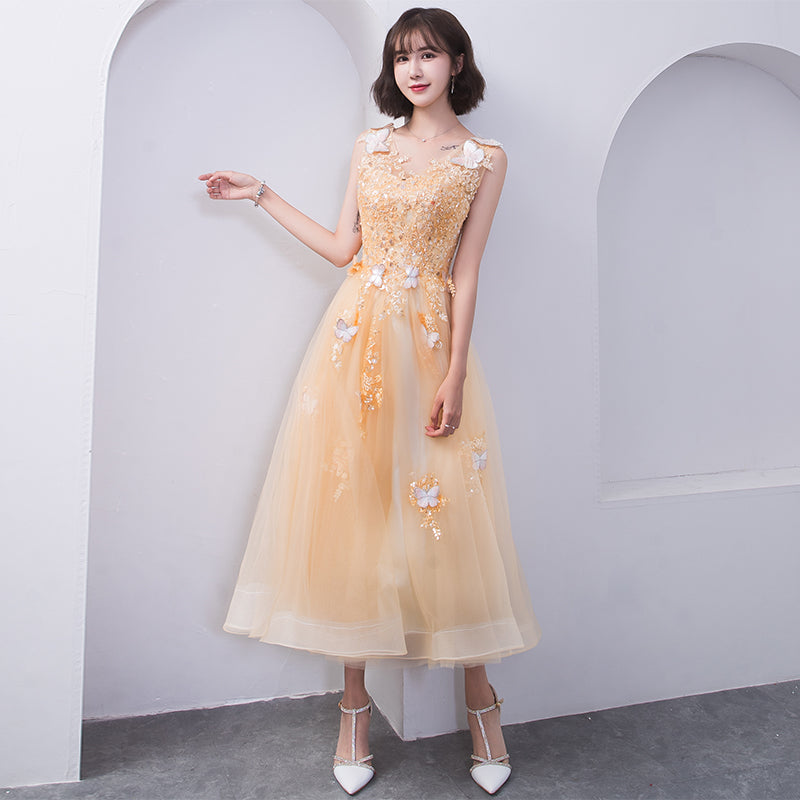 Lovely Champapgne Tulle Tea Length Party Dress with Butterfly