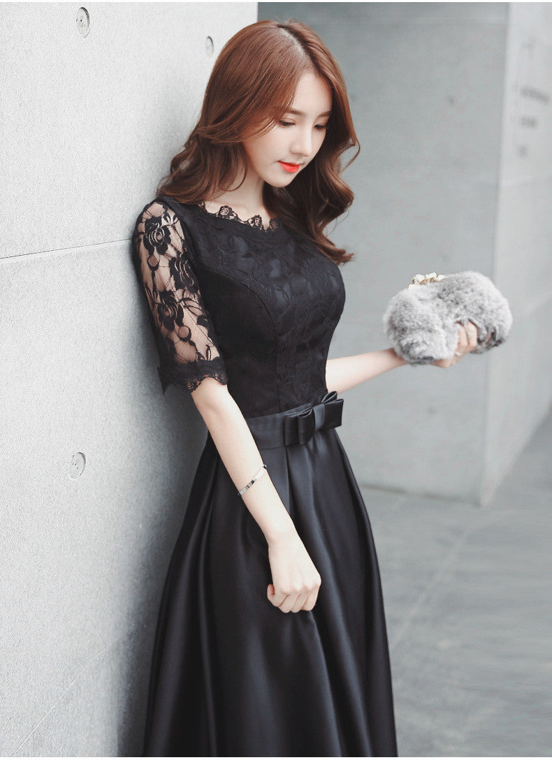 Vestido de fiesta de boda largo de satén negro con encaje, mangas cortas y corte A 