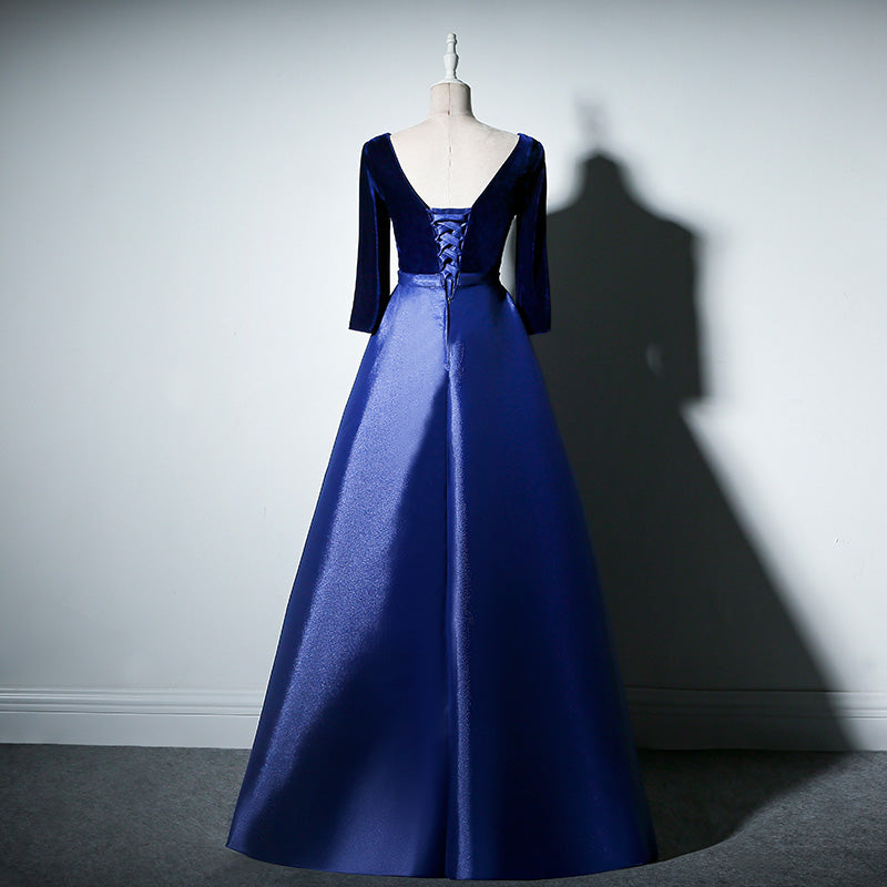 Pretty Royal Blue Long Sleeves Satin with Velvet Party Dress