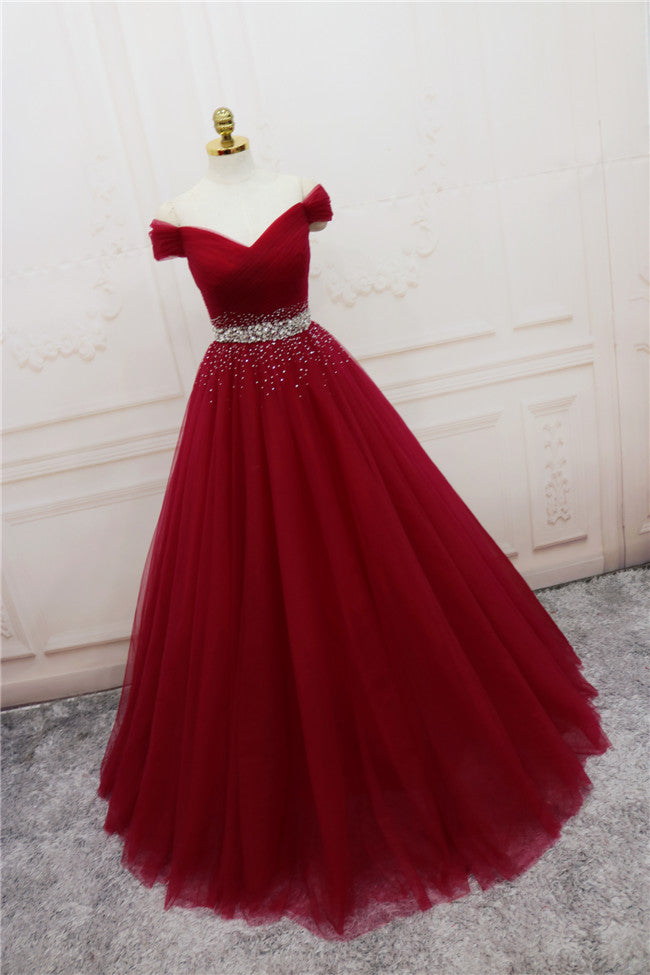 Beautiful Burgundy Long Tulle Off Shoulder Prom Dress
