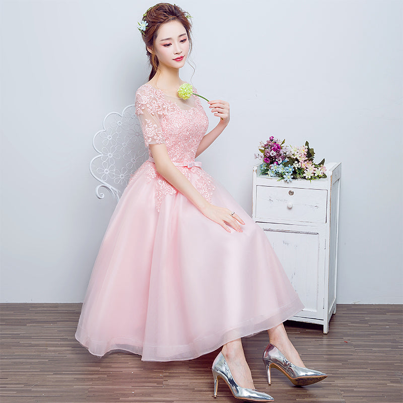 Beautiful Pink Tulle Tea Length Bridesmaid Dresses