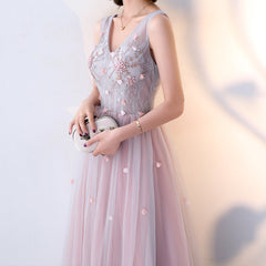 Pink Beaded V-neckline Tulle Long Party Dresses