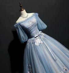 Blue Short Sleeves Long Tulle with Flower Applique Party Dress