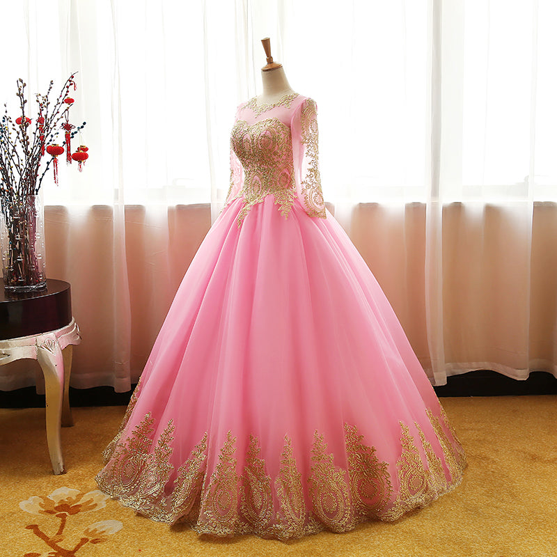 Pink Long Sleeves Tulle Round Neckline Sweet 16 Dresses