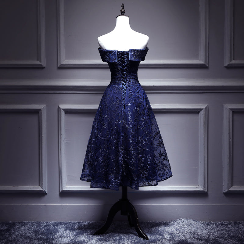 Vestido de dama de honor con hombros descubiertos y encaje azul marino, vestido formal azul 