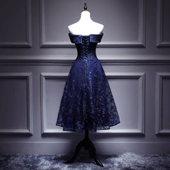 Vestido de dama de honor con hombros descubiertos y encaje azul marino, vestido formal azul 