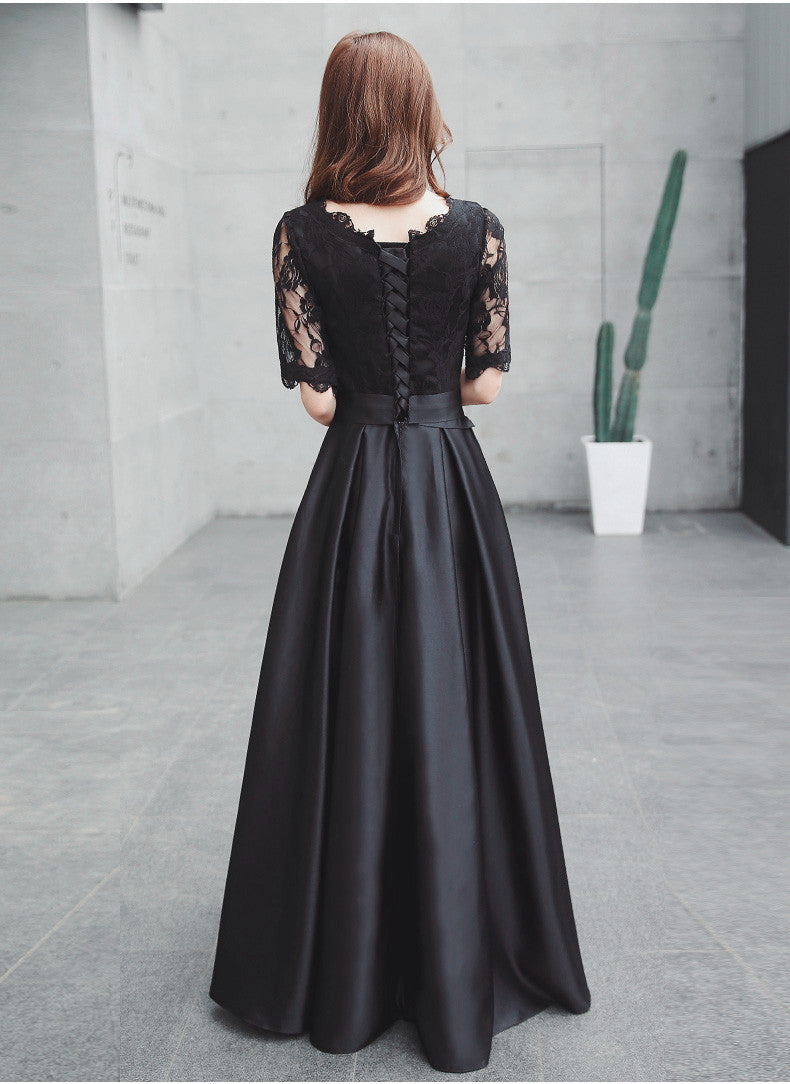 Vestido de fiesta de boda largo de satén negro con encaje, mangas cortas y corte A 