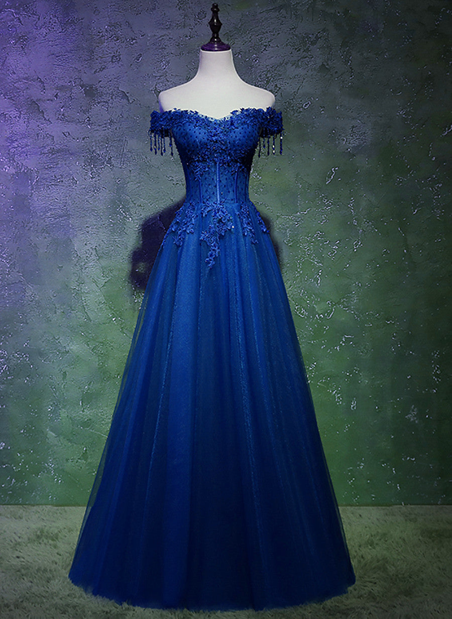 Vestido de fiesta largo azul con encaje y cuentas, hombros descubiertos y corte A 