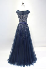 Navy Blue Shiny Sequins Round Neckline Tulle Party Dress