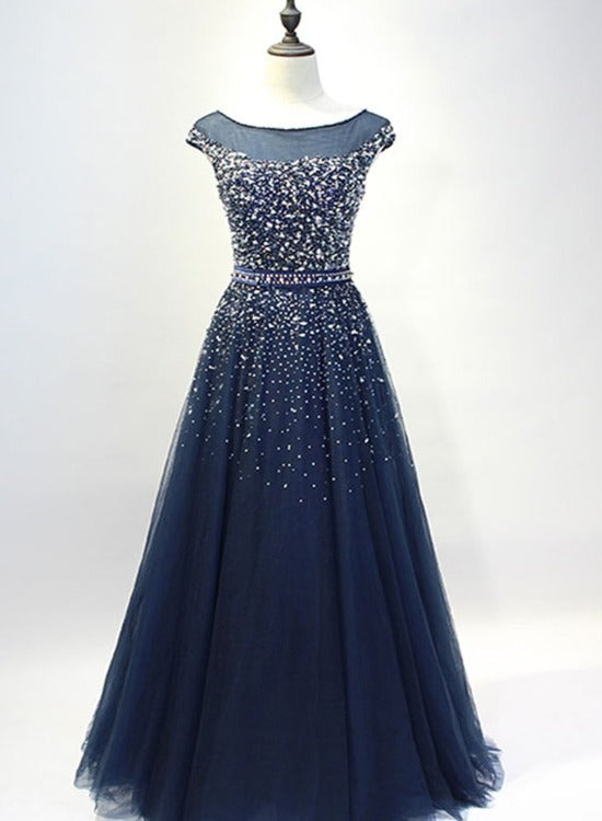 Navy Blue Shiny Sequins Round Neckline Tulle Party Dress
