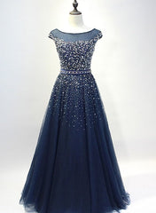 Navy Blue Shiny Sequins Round Neckline Tulle Party Dress