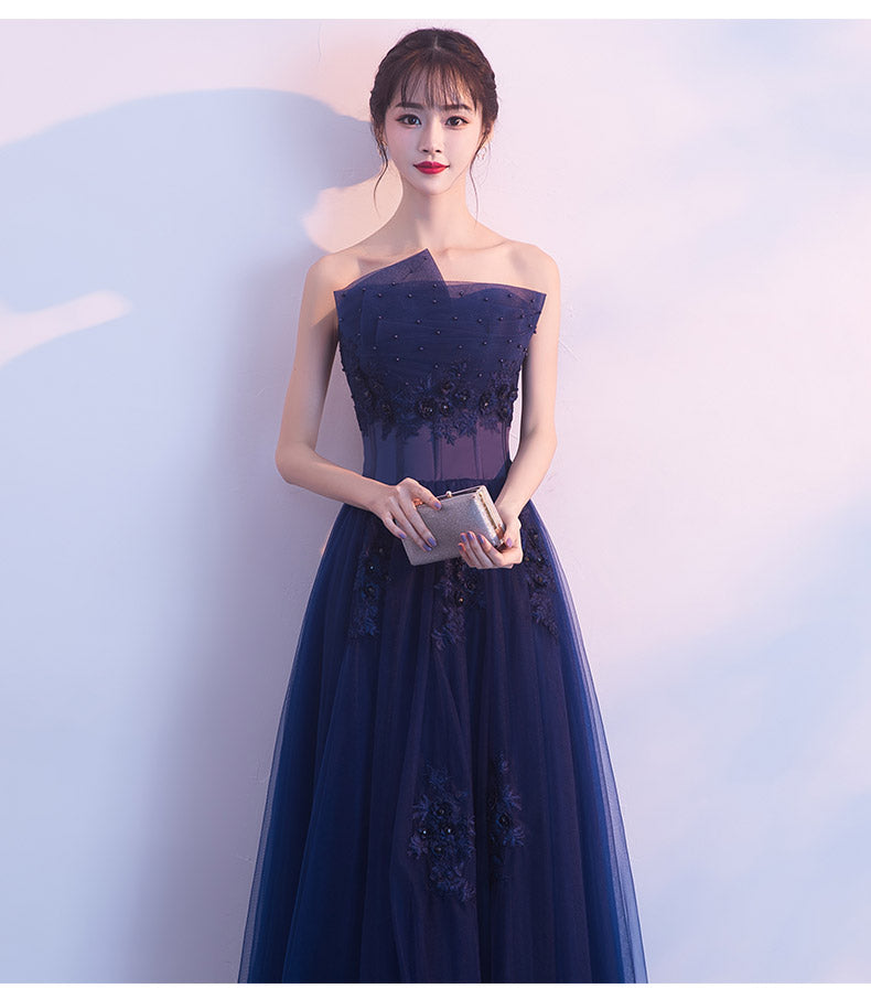 Vestido de fiesta largo de tul azul marino con encaje y cuentas, vestido de fiesta azul de corte A, vestido formal 