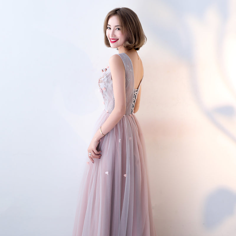 Pink Beaded V-neckline Tulle Long Party Dresses