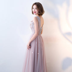 Pink Beaded V-neckline Tulle Long Party Dresses