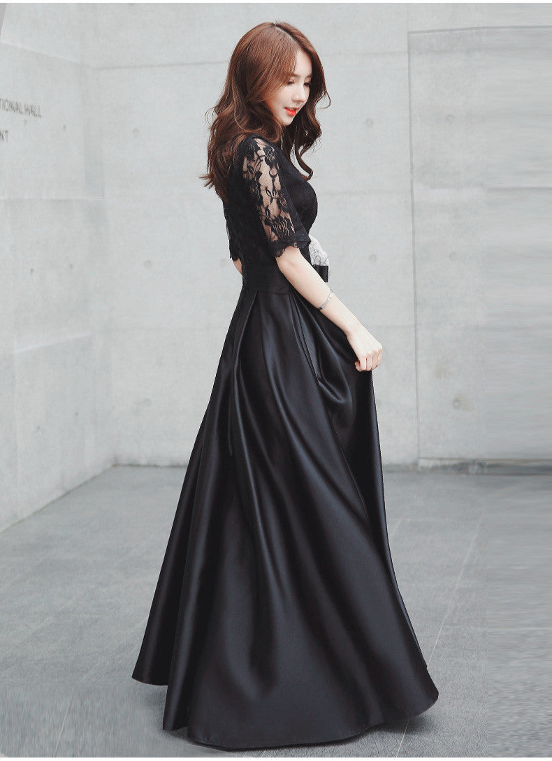 Vestido de fiesta de boda largo de satén negro con encaje, mangas cortas y corte A 