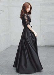 Vestido de fiesta de boda largo de satén negro con encaje, mangas cortas y corte A 