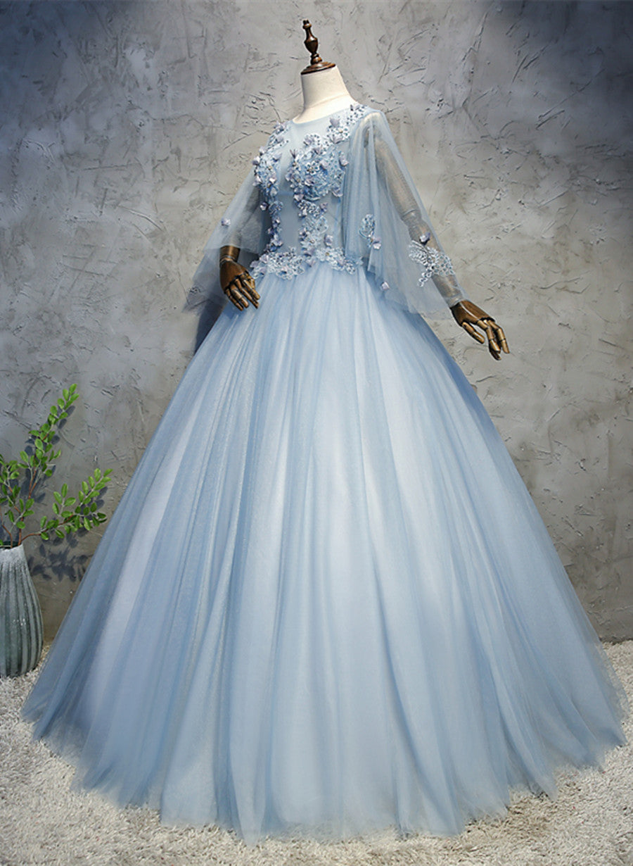 Blue-Grey Ball Gown Tulle Sweet 16 Dress with Lace
