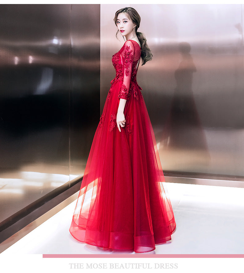 Wine Red Tulle Long Sleeves Lace Applique Party Dress