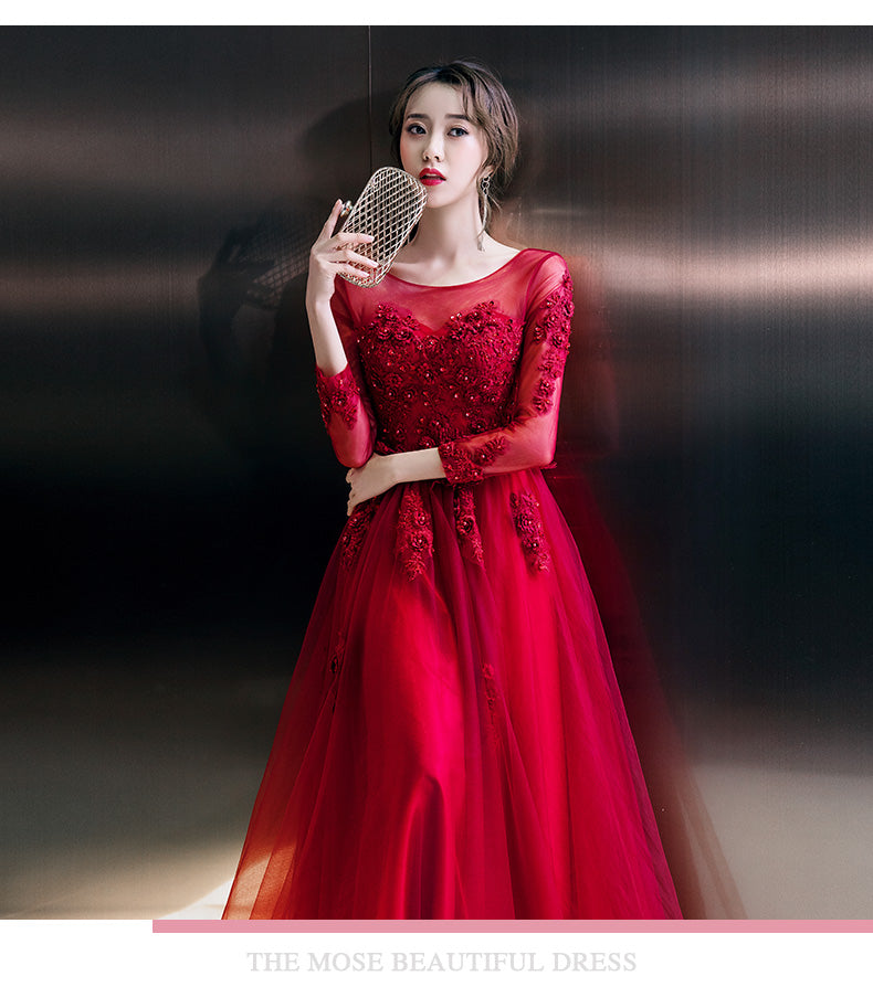 Wine Red Tulle Long Sleeves Lace Applique Party Dress