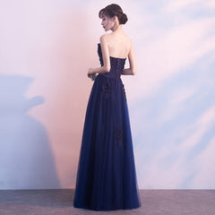 Vestido de fiesta largo de tul azul marino con encaje y cuentas, vestido de fiesta azul de corte A, vestido formal 