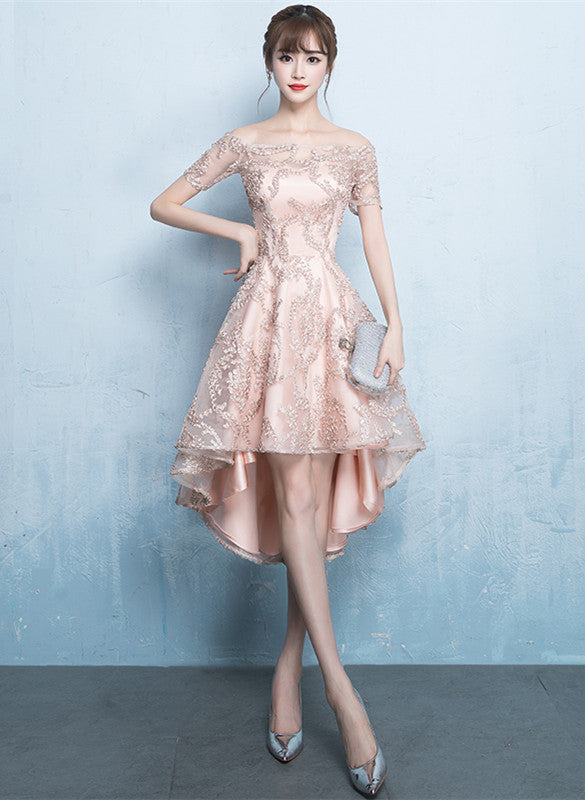 Beautiful Champagne High Low Lace Homecoming Dress