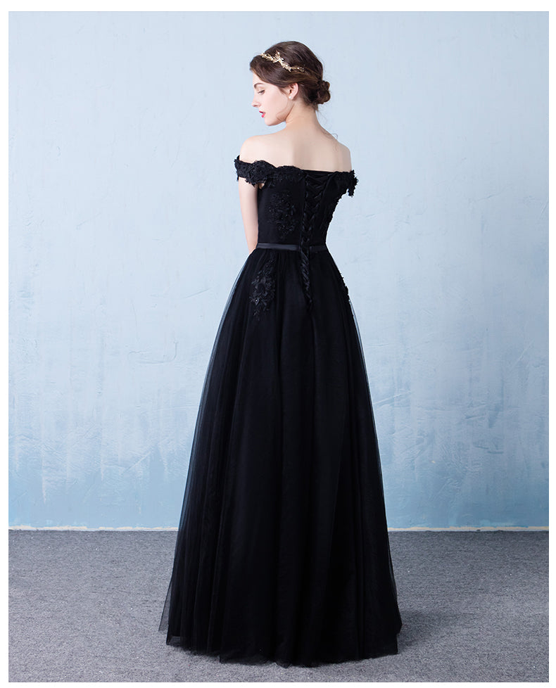 Black Off the Shoulder Tulle A-line Prom Dress