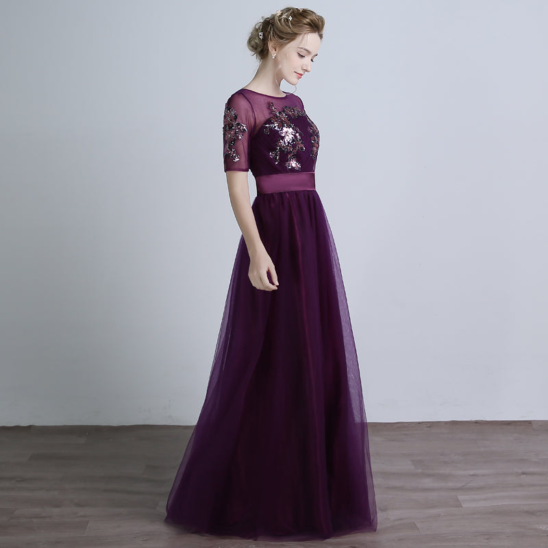 Dark Purple Short Sleeves Tulle with Sequins Applique Party Dress