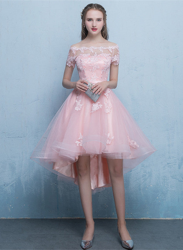 Pink Off Shoulder Tulle High Low Homecoming Dresses