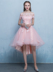 Pink Off Shoulder Tulle High Low Homecoming Dresses