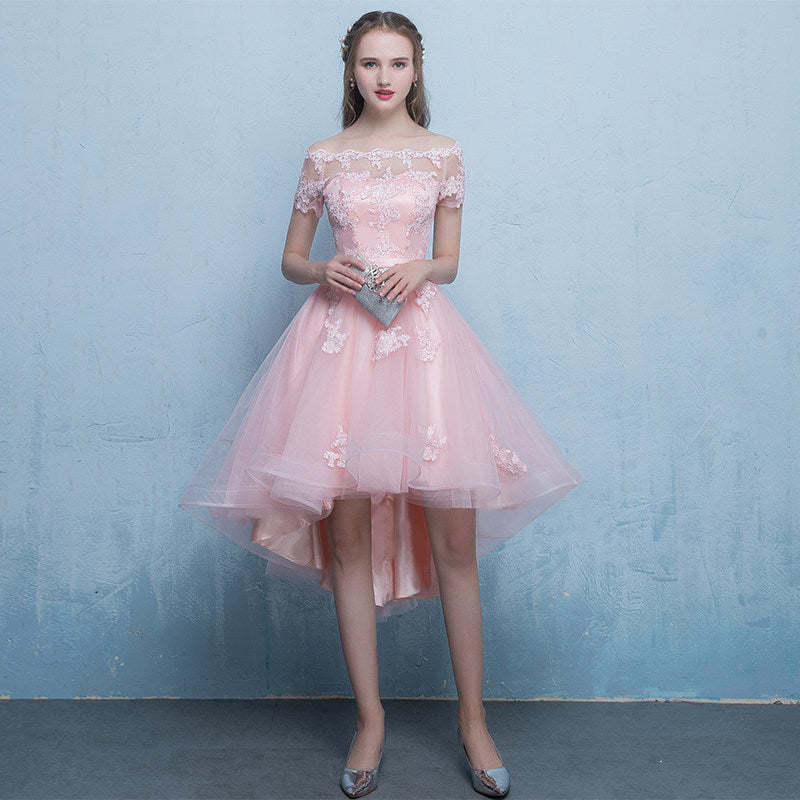 Pink Off Shoulder Tulle High Low Homecoming Dresses