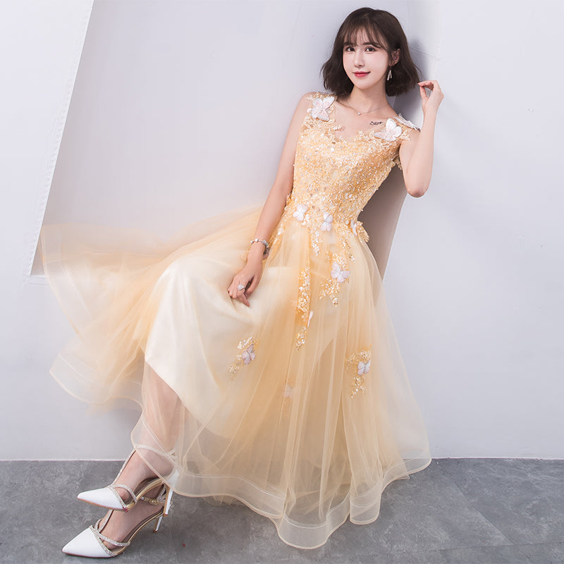 Lovely Champapgne Tulle Tea Length Party Dress with Butterfly