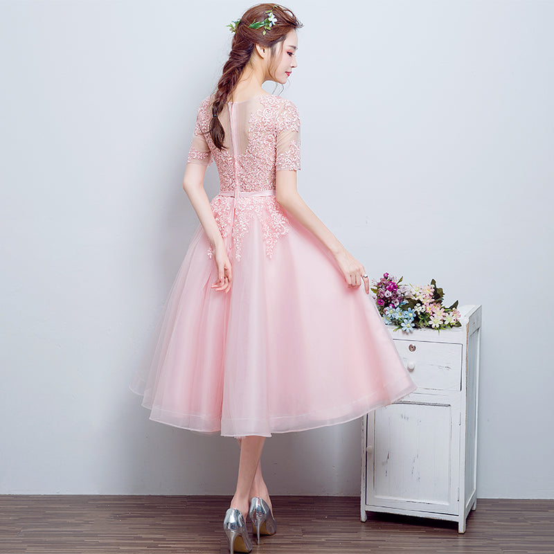 Beautiful Pink Tulle Tea Length Bridesmaid Dresses