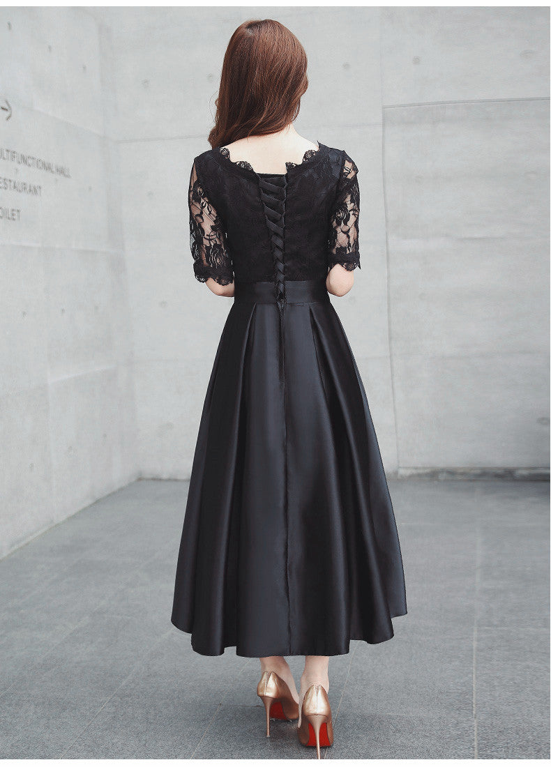 Vestido de fiesta de boda largo de satén negro con encaje, mangas cortas y corte A 