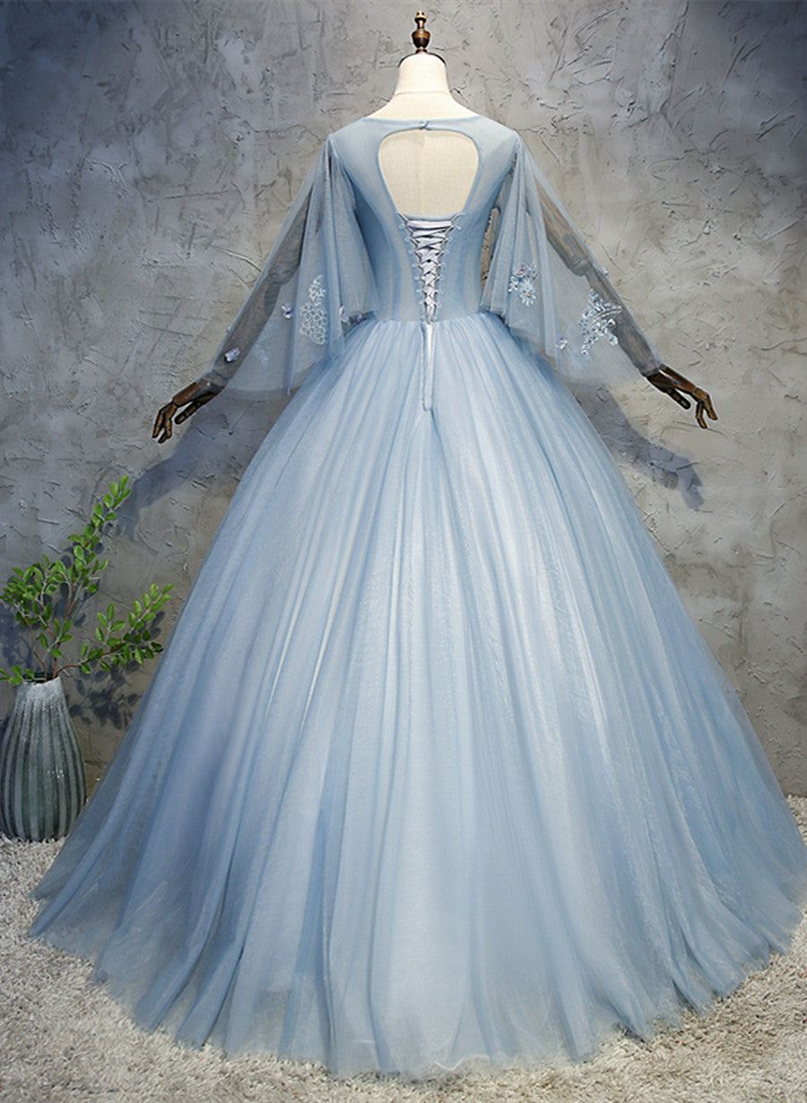 Blue-Grey Ball Gown Tulle Sweet 16 Dress with Lace