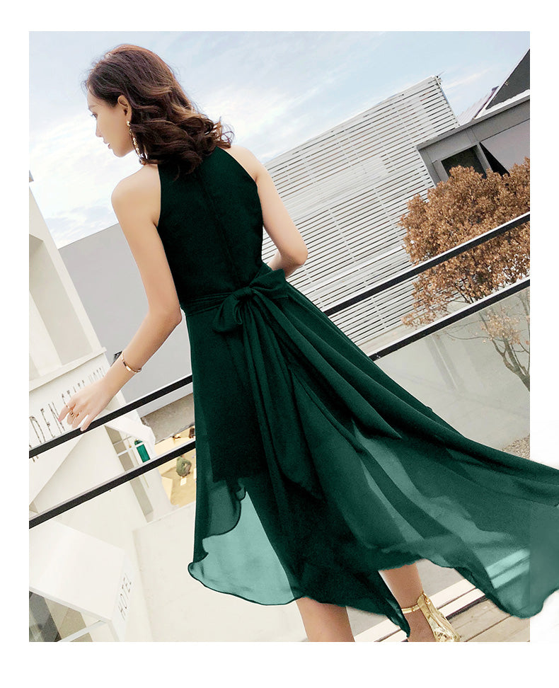 Vestido de dama de honor de gasa verde con corte alto y bajo para fiesta 