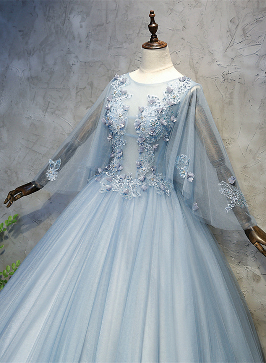Blue-Grey Ball Gown Tulle Sweet 16 Dress with Lace