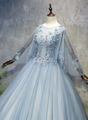 Blue-Grey Ball Gown Tulle Sweet 16 Dress with Lace