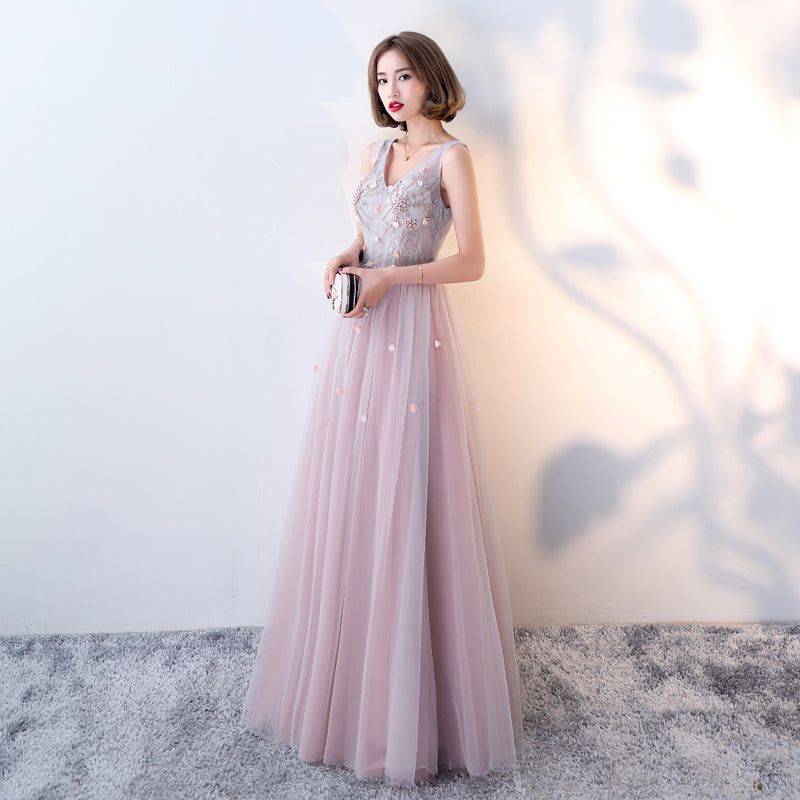 Pink Beaded V-neckline Tulle Long Party Dresses
