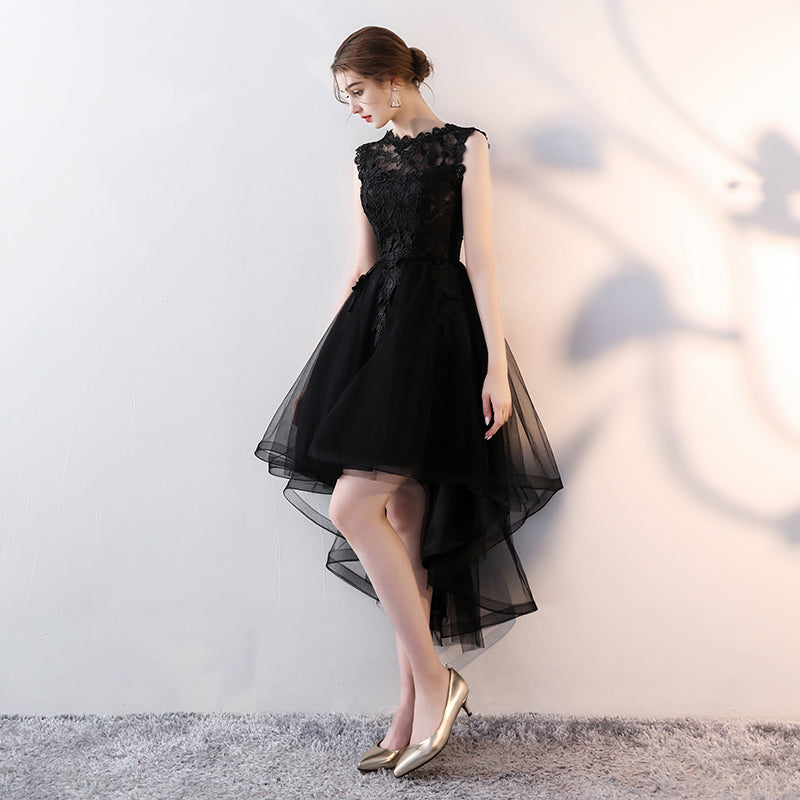 Black Tulle Round Neckline High Low Party Dress