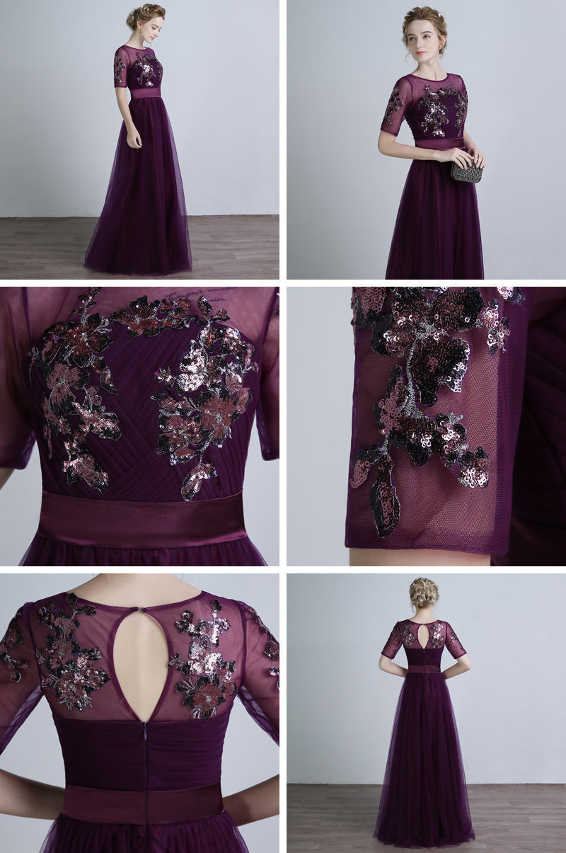 Dark Purple Short Sleeves Tulle with Sequins Applique Party Dress